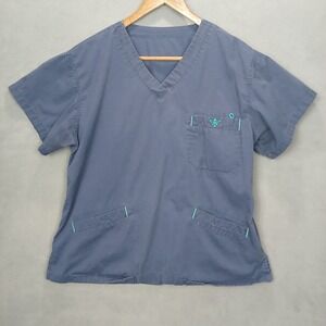 Couture‎ Scrub Top Womens Medium Blue Cotton Embroidered Logo V Neck Medical